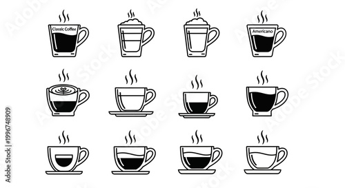 Set of various coffee cup icons including classic coffee latte americano and espresso isolated on a clean white background