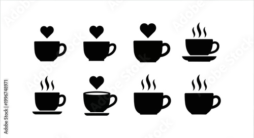 Set of black coffee cup icons with heart-shaped steam and hot drink symbol, ideal for cafe, restaurant, or breakfast branding and web design