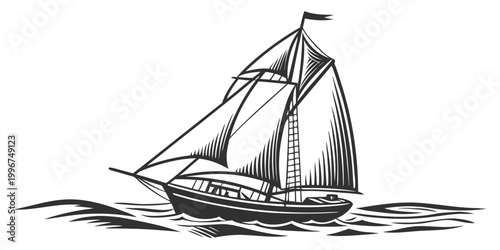 Fotografie Vintage style woodcut illustration of a sailing ship on waves with sailboat mari