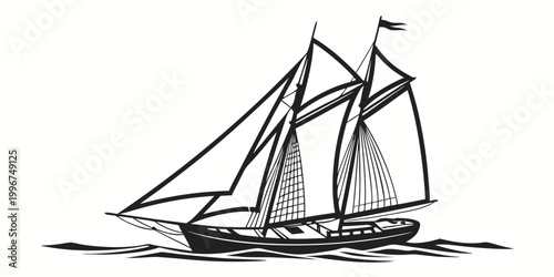 Fotografia Black and white vector illustration of a two masted schooner sailing ship on oce