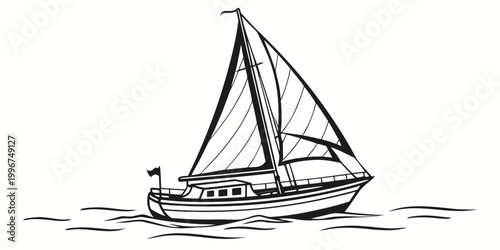 Tablou pe pânză Black and white vector drawing of a small single masted sailing vessel on ocean