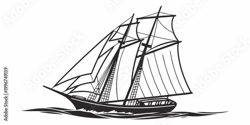 Foto Black and white vector illustration of a classic two masted sailing ship on wave