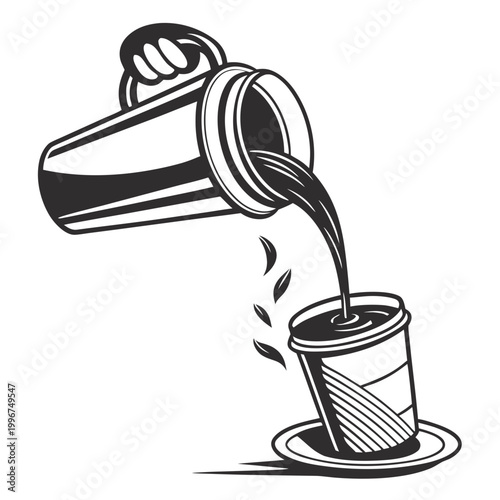 Coffee pouring, black coffee, disposable cup, takeout cup, vector illustration
