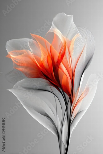 Abstract floral artwork with vibrant orange and white petals.
