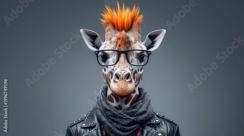 A cool giraffe with glasses, a mohawk, and a leather jacket