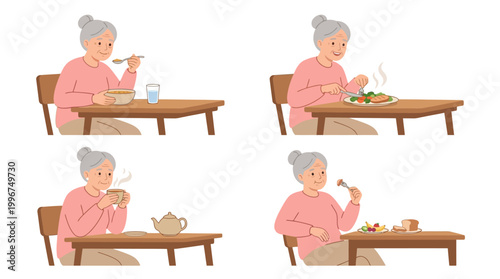Grandma Eating Food Color Vector Set – 4 Senior Meal Activity Illustrations in Clean Grid
