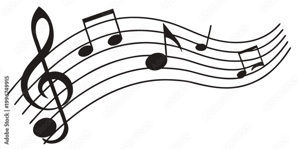 Obraz premium Elegant treble clef and musical notes arrangement on a wavy stave with illustration composition auditory classical creative notation instrumental performance entertainment cultural isolated