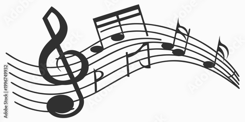 Stylized treble clef with musical notes on a flowing five-line staff illustration composition auditory classical creative notation instrumental performance entertainment cultural decoration