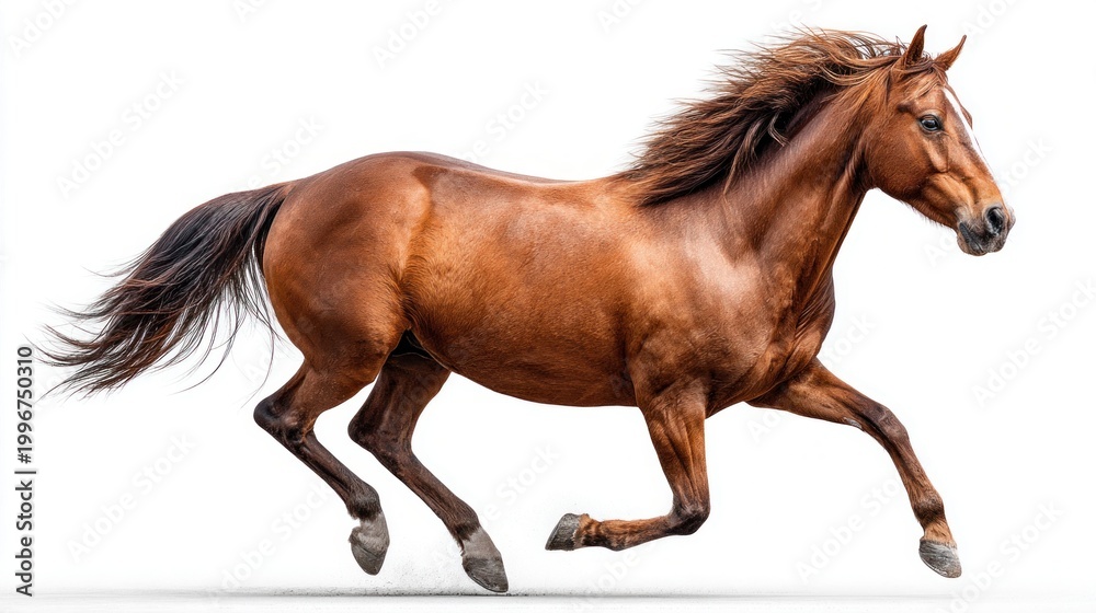 Obraz premium A beautiful brown horse running fast with a flowing mane against a white background