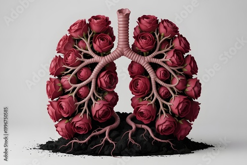 Lungs formed with red roses and roots representing life and nature intertwining in a creative artistic expression.