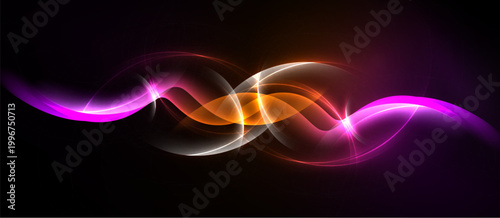 Abstract waves, vibrant colors, dynamic light effects. Pink, orange, white blend creating flowing energy, dark background.