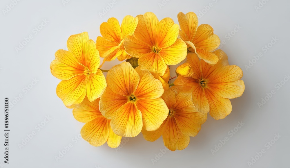 Fototapeta premium Vibrant Yellow Primrose Flowers With Orange Centers On A White Background Studio Shot