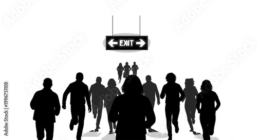 Business professionals walking towards exit sign in minimalist office corridor with dramatic lighting