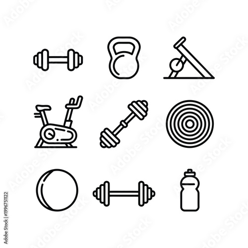 Gym icon set including various exercise equipment and fitness tools