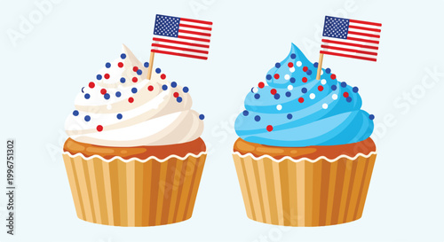 Two cupcakes with American flags and colorful frosting
