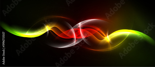 Bright colorful waves flow across black background. Dynamic light creates energy, movement, visual impact. Smooth curves intersect.