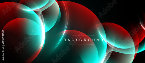 Abstract design features glowing circles, red, turquoise hues. Dark background enhances vibrant light effects, modern aesthetic.