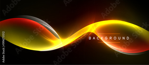 Abstract neon light shapes flow across black space. Vibrant colors create dynamic energy, modern design element.