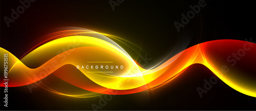 Dynamic abstract waves, vibrant colors, flowing lines. Bright yellow blends into fiery red over dark background. Modern design element.