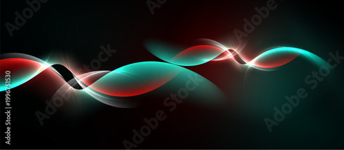 Abstract waves, vibrant teal, crimson hues. Smooth curves, glowing lines create dynamic visual impact. Dark background emphasizes luminosity.