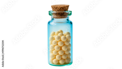 Small blue glass vial filled with yellow homeopathic pellets, isolated on transparent background