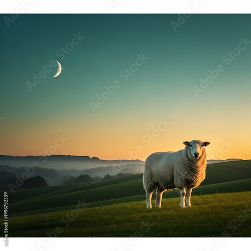 Golden hour photography of a sheep in a grassy meadow under a clear sky featuring a thin crescent moon