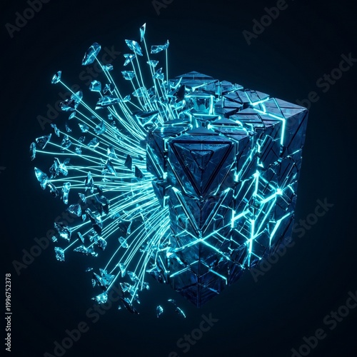 Abstract 3D Render Of A Shattering Glowing Blue Cube On A Dark Background