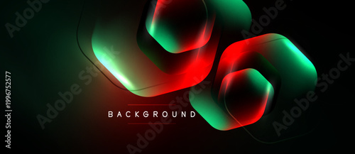 Abstract neon shapes overlap dark background. Vibrant red, green hues create dynamic visual effect. Modern design element.