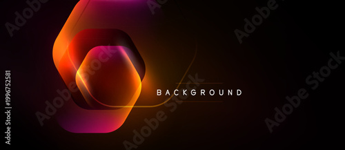 Abstract hexagon shapes overlap, creating vibrant orange, pink glow. Dark background emphasizes dynamic design, text reads background.