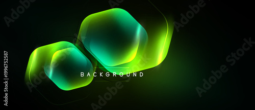 Dark background features glowing hexagonal shapes. Gradient colors shift from teal to yellow. Modern design element for digital projects.