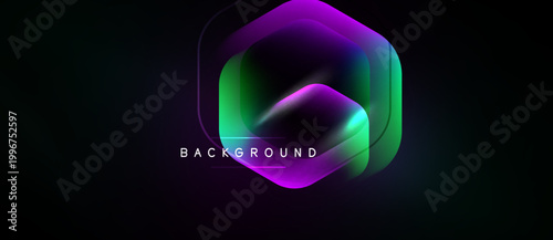 Abstract hexagon design. Vibrant gradients blend purple, green, yellow hues. Dark background enhances colorful shapes, text reads background.