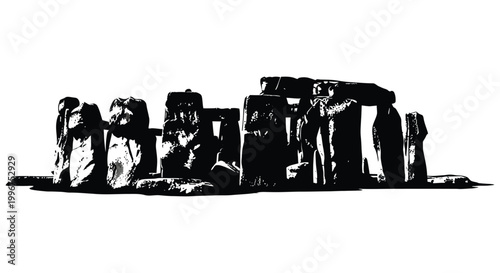 Dramatic stonehenge composition showcases ancient ruins in a striking black silhouette