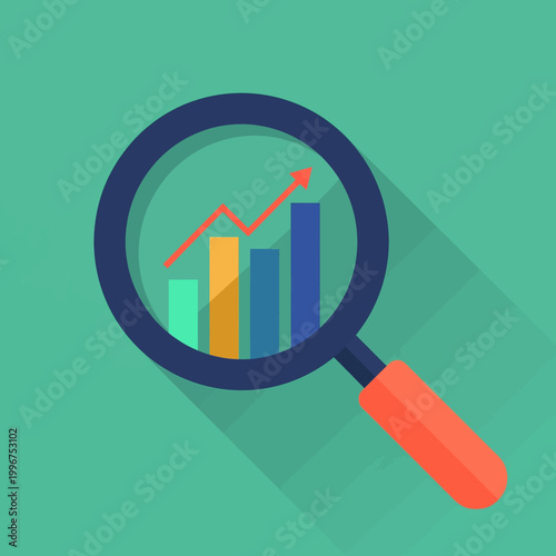 A magnifying glass is used to examine a bar graph with an upward trend