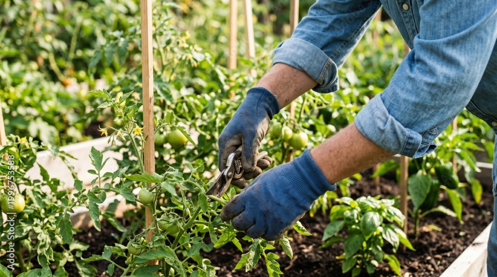 Fototapeta premium Senior male gardener pruning organic tomato plants in a sustainable urban homestead garden