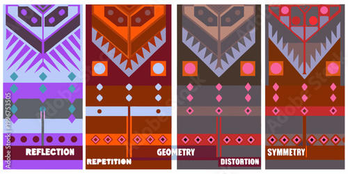 set of four geometric patterns with symmetry reflection repetition distortion