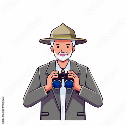 Cartoon Man with Binoculars and Safari Hat