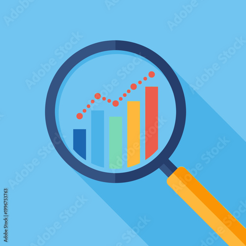 A magnifying glass is used to examine a colorful bar graph with an upward trend.