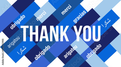 A colorful graphic with the phrase 'Thank You' in multiple languages on a blue and white background