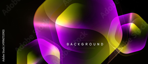 Abstract shapes overlap, creating vibrant purple, yellow gradients. Dark background emphasizes luminous forms, modern design element.