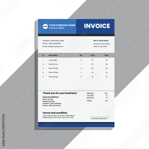 A modern and professional invoice template design featuring a clean layout, minimal typography, and corporate branding style. This design is ideal for businesses, freelancers, agencies, and startups l