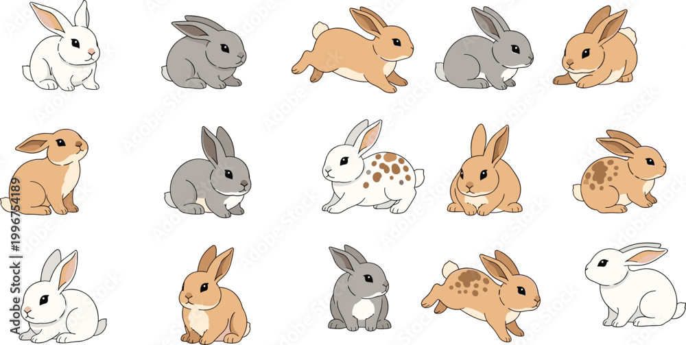Fototapeta premium Set of Cute Rabbit Vector Illustrations Featuring Baby Bunnies in Playful Activities Including Hopping Standing and Sitting for Pet Care and Kids Themed Creative Designs