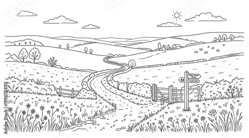 A serene countryside landscape with a winding road and gate leading to rolling hills and fields of wildflowers under a sunny sky with clouds.