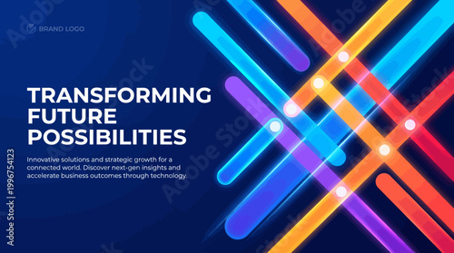 A vibrant graphic design featuring colorful lines and text on a dark blue background, representing innovation and growth.