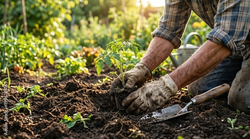 Senior man planting organic tomato seedling in sustainable home garden, transplanting vegetable sprout