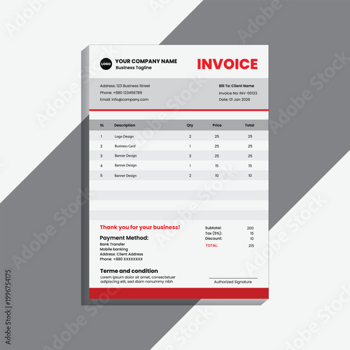 A modern and professional invoice template design featuring a clean layout, minimal typography, and corporate branding style. This design is ideal for businesses, freelancers, agencies, and startups l