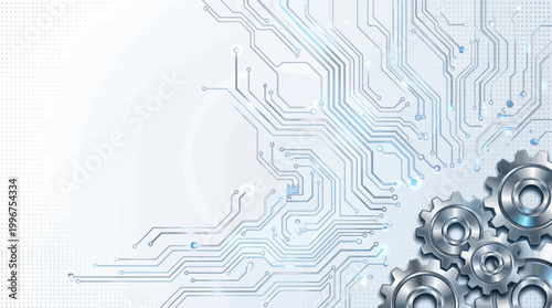 A futuristic circuit board design with metallic gears on a white background