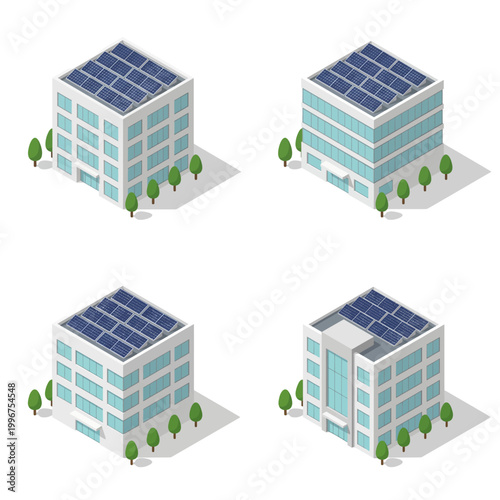 An isometric illustration of four modern buildings with solar panels on their roofs, surrounded by trees, showcasing sustainable architecture and renewable energy solutions.