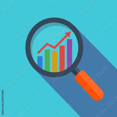 A magnifying glass is focused on a colorful bar graph with a red arrow trending upward.