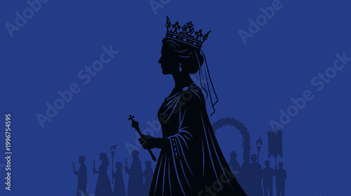 Queen silhouette wears crown standing before group of people in royal ceremony