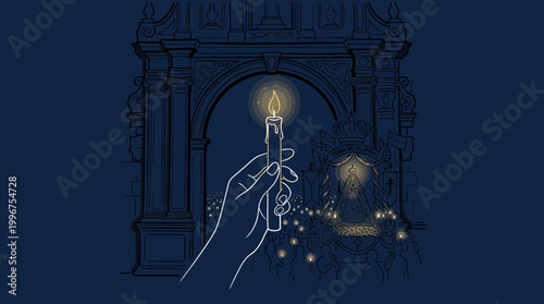 A hand holds a lit candle in front of an old archway at night.